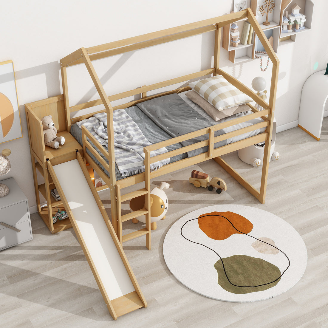 Twin Size Wood House Loft Bed With Slide, Storage Shelves And Light, White Natural Solid Wood Mdf