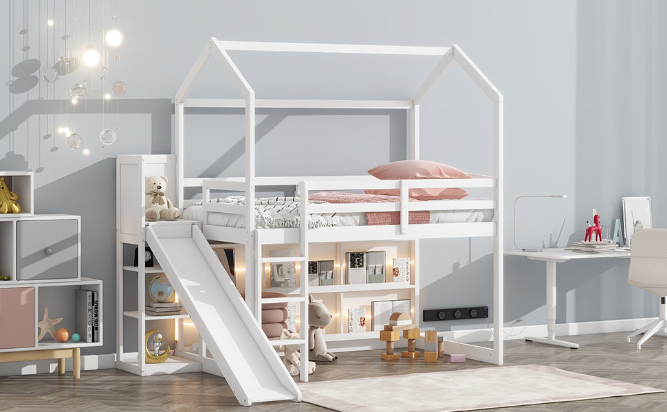 Twin Size Wood House Loft Bed With Slide, Storage Shelves And Light, White Box Spring Not Required White Wood Bedroom Solid Wood Mdf