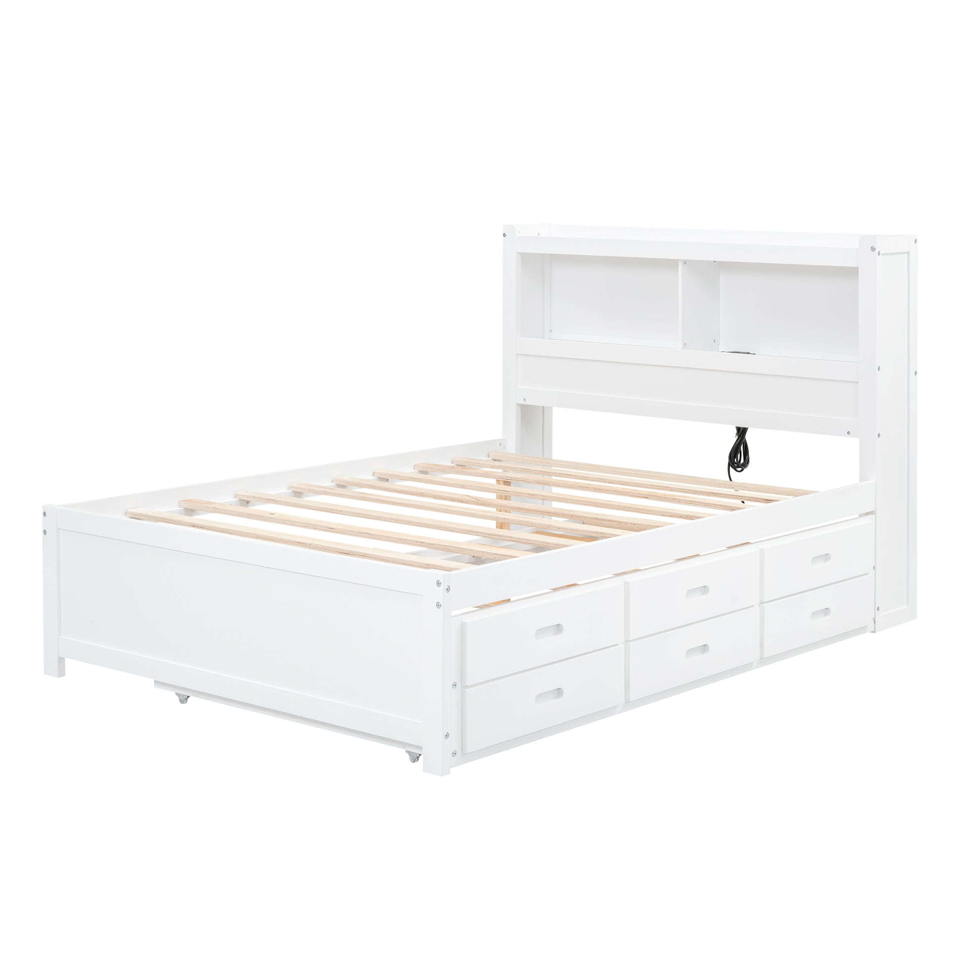 Full Size Platform Bed With Trundle, Drawers And Usb Plugs, White Full White Pine