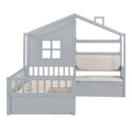 Twin Size House Bed With Sofa, Kids Platform Bed With Two Drawers And Storage Shelf, Gray Gray Wood