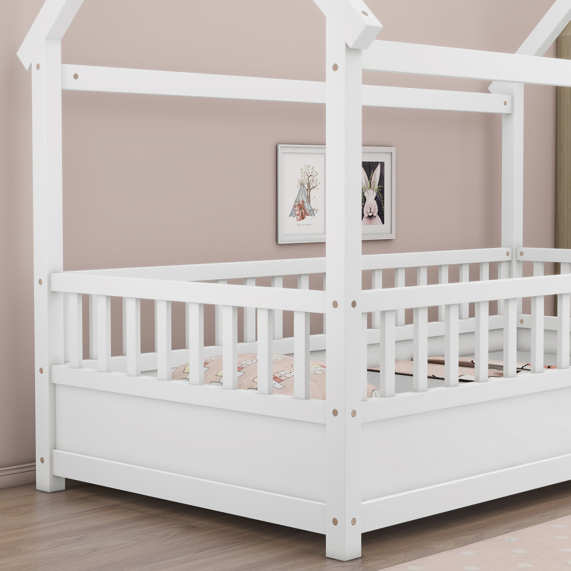 Twin Size Floor Wooden Bed With House Roof Frame, Fence Guardrails,White Box Spring Required Twin White Wood Brown Bedroom American Design,Artsy Pine Bed Frame Pine