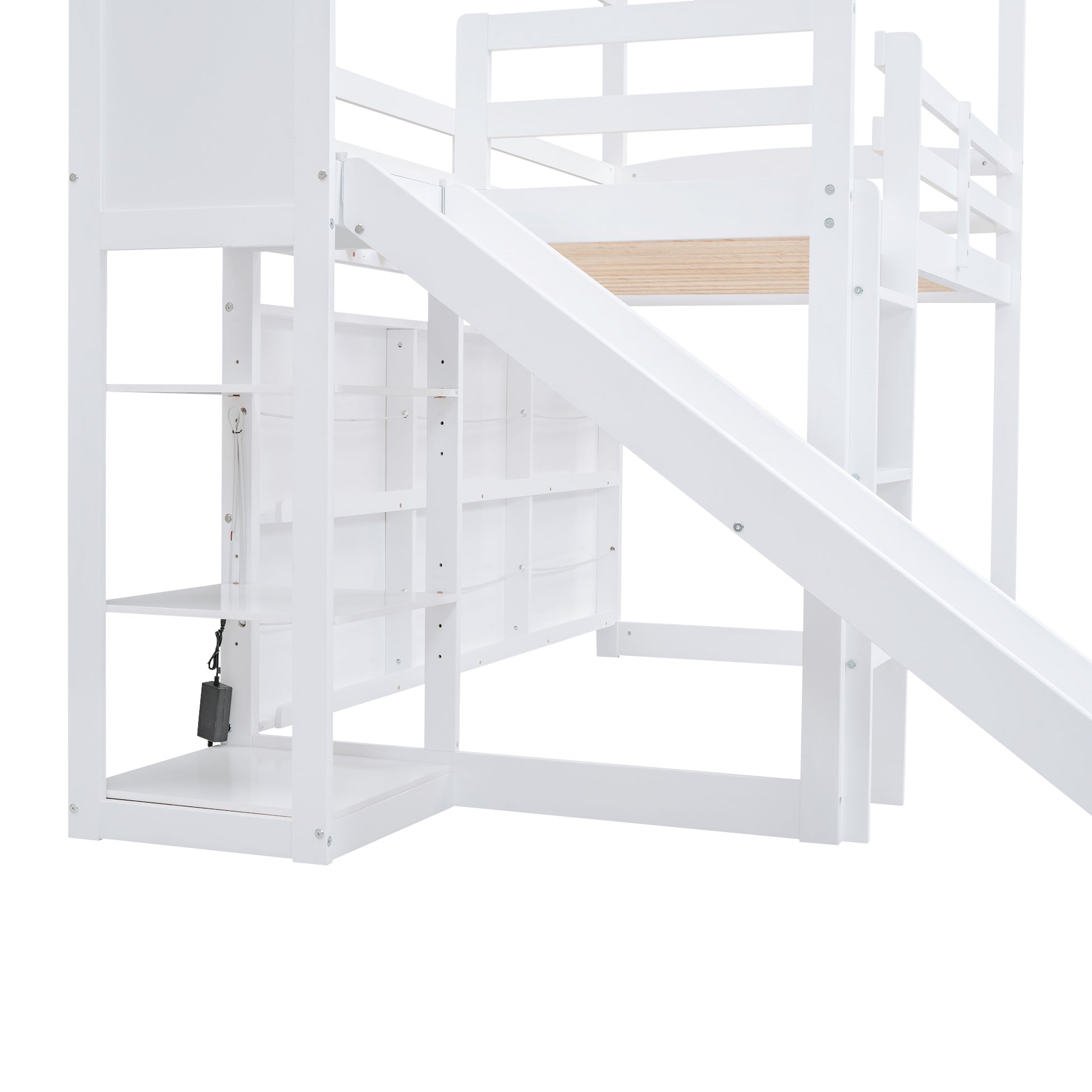 Twin Size Wood House Loft Bed With Slide, Storage Shelves And Light, White Box Spring Not Required White Wood Bedroom Solid Wood Mdf