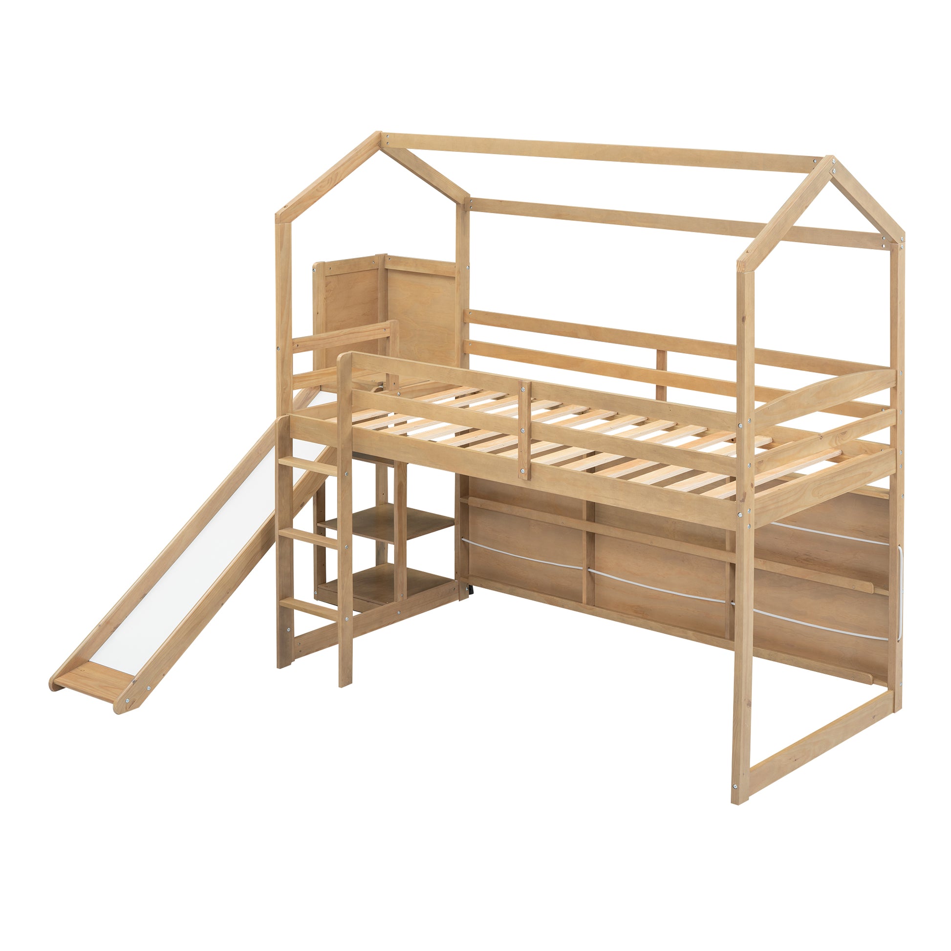 Twin Size Wood House Loft Bed With Slide, Storage Shelves And Light, Natural Natural Solid Wood Mdf