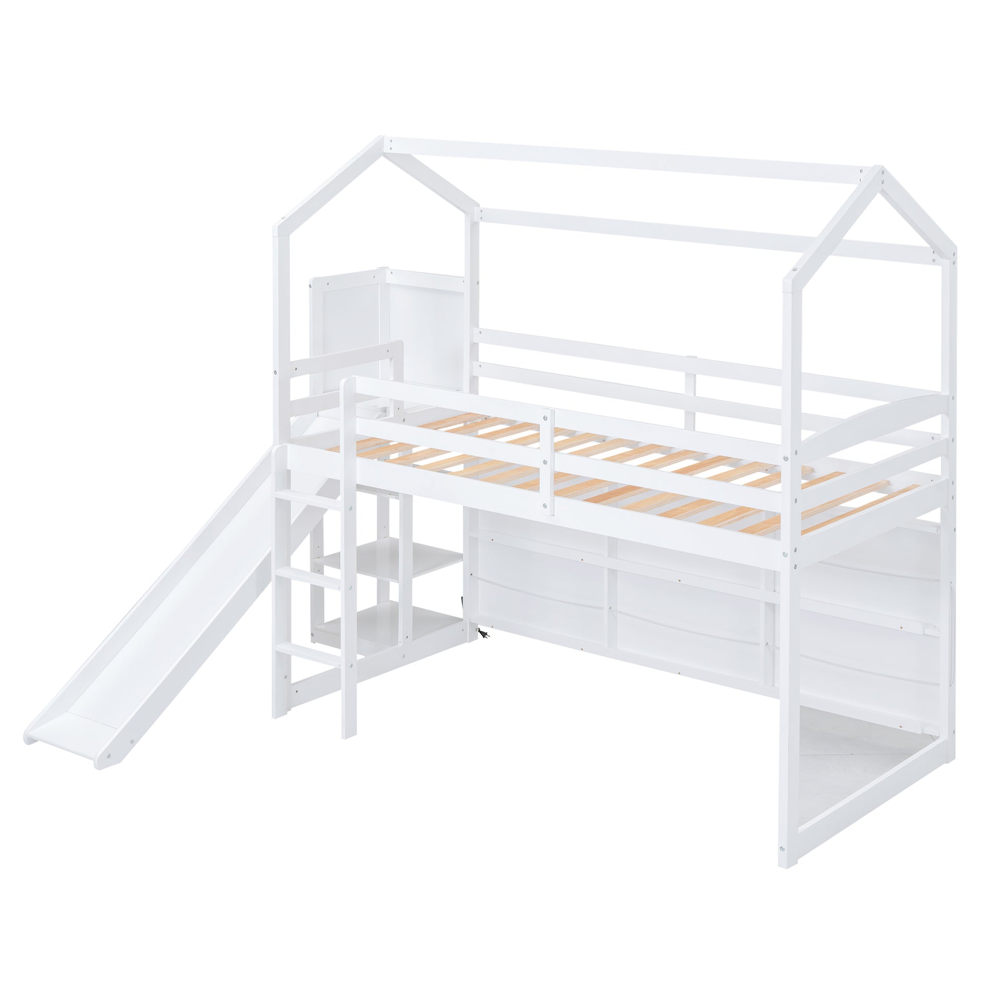 Twin Size Wood House Loft Bed With Slide, Storage Shelves And Light, White Box Spring Not Required White Wood Bedroom Solid Wood Mdf