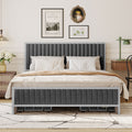 Queen Size Metal Frame Upholstered Bed With 4 Drawers, Linen Fabric, Gray Gray Linen