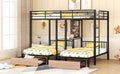 Full Over Twin & Twin Triple Bunk Bed With Drawers, Multi Functional Metal Frame Bed With Desks And Shelves In The Middle, Black Black Metal