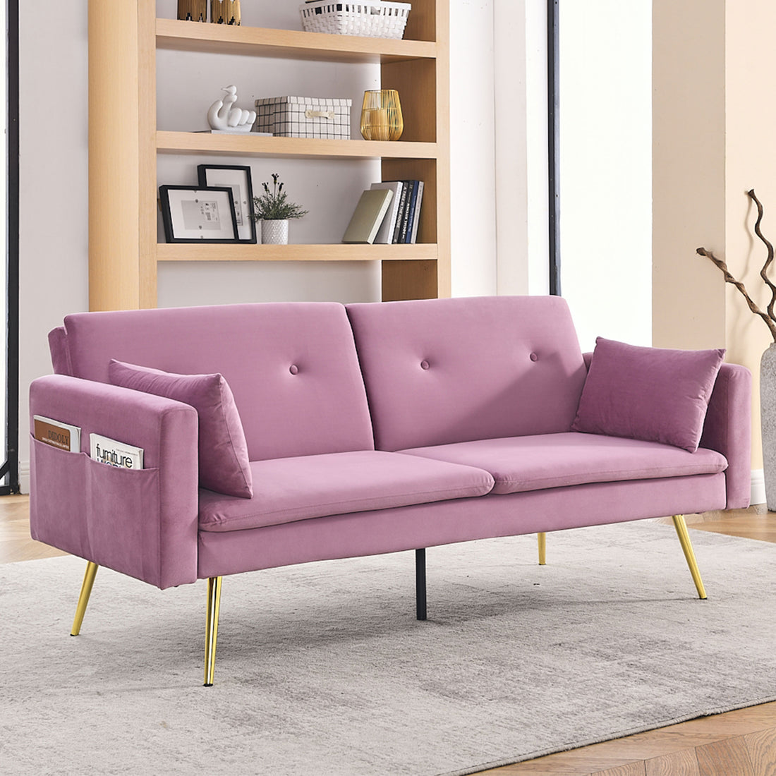 72.5" Convertible Sofa Bed, Adjustable Velvet Sofa Bed Velvet Folding Lounge Recliner Reversible Daybed Ideal For Bedroom With Two Pillows And Center Leg Pink Velvet