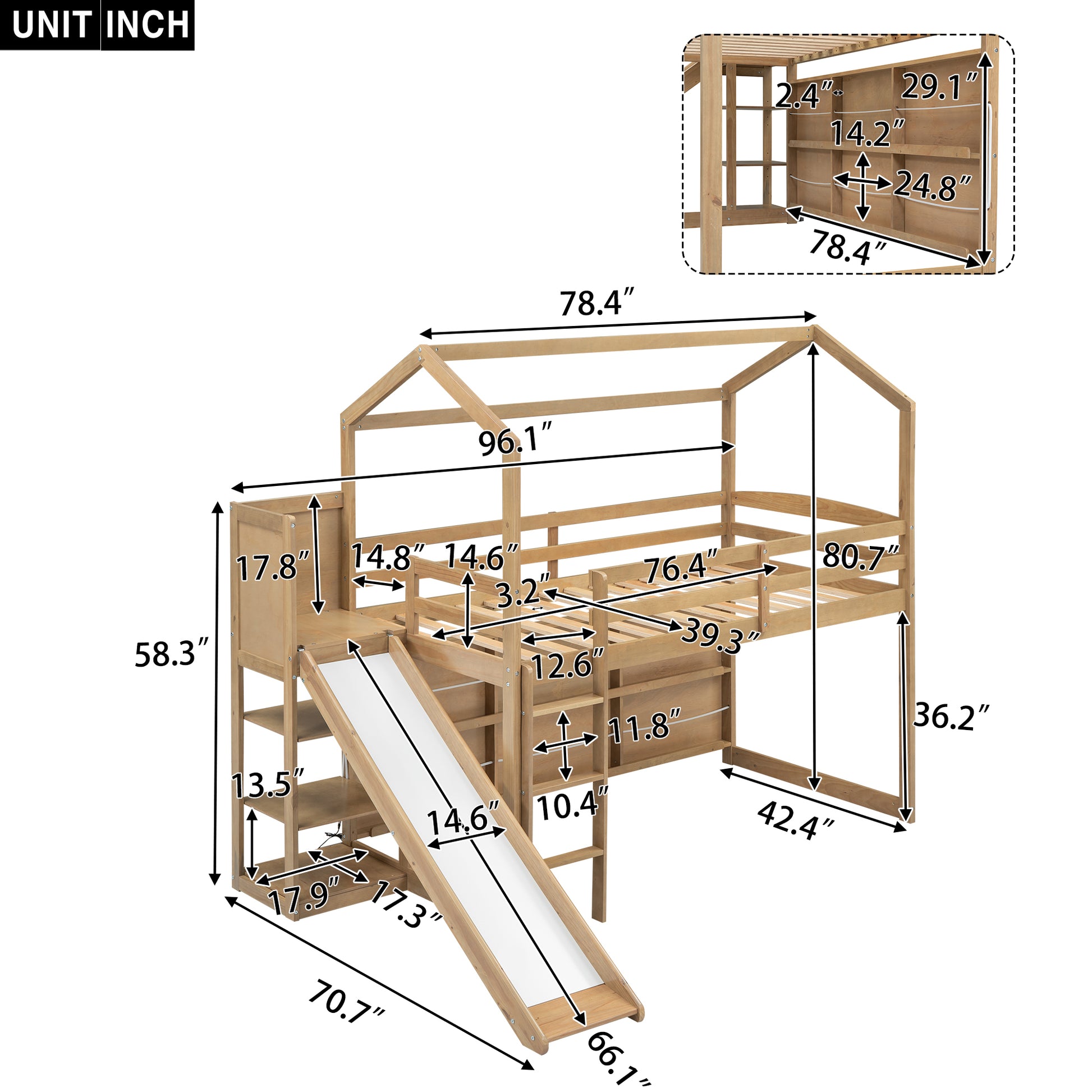 Twin Size Wood House Loft Bed With Slide, Storage Shelves And Light, Climbing Ramp, Wood Color Box Spring Not Required Wood Wood Bedroom Solid Wood Mdf