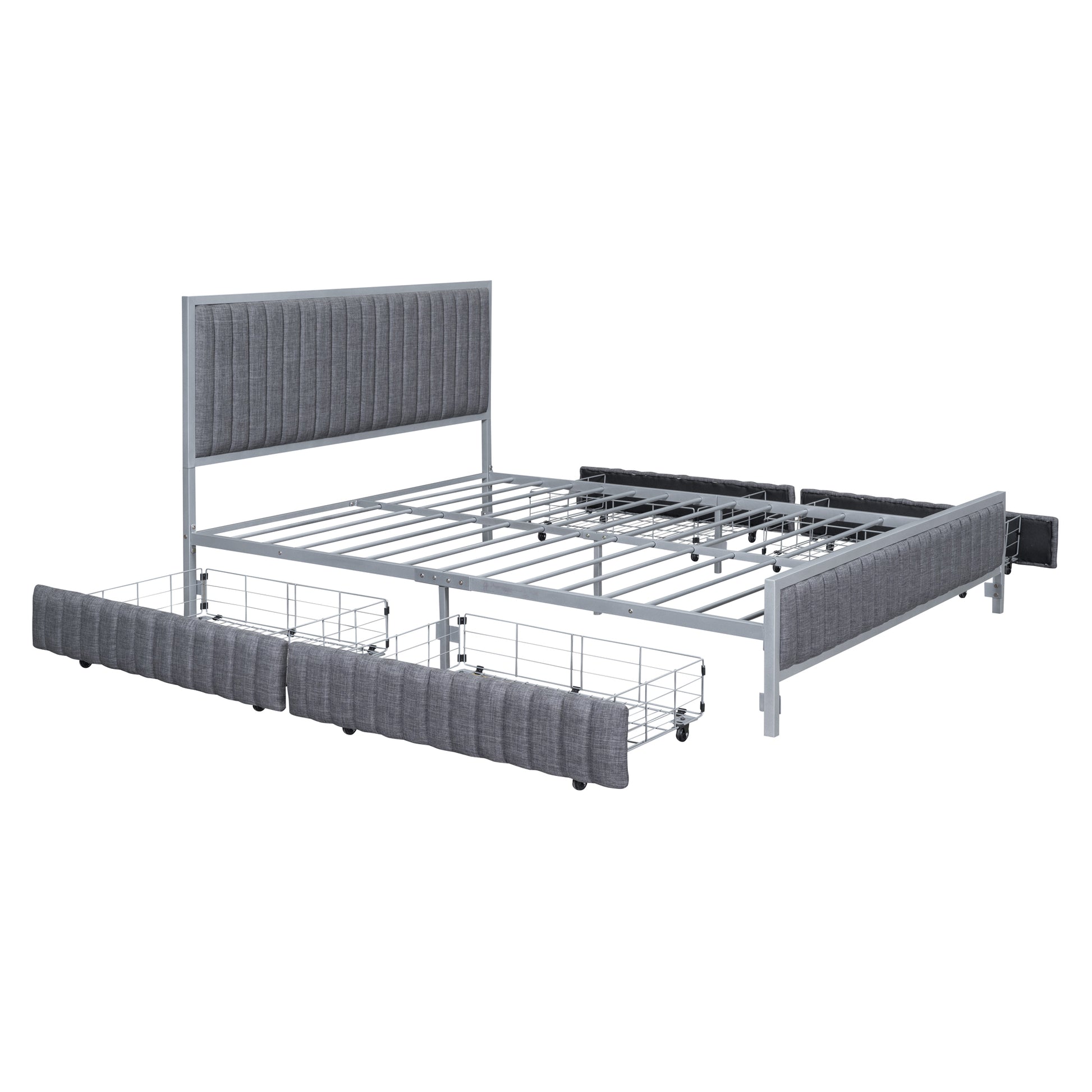 Queen Size Metal Frame Upholstered Bed With 4 Drawers, Linen Fabric, Gray Gray Linen