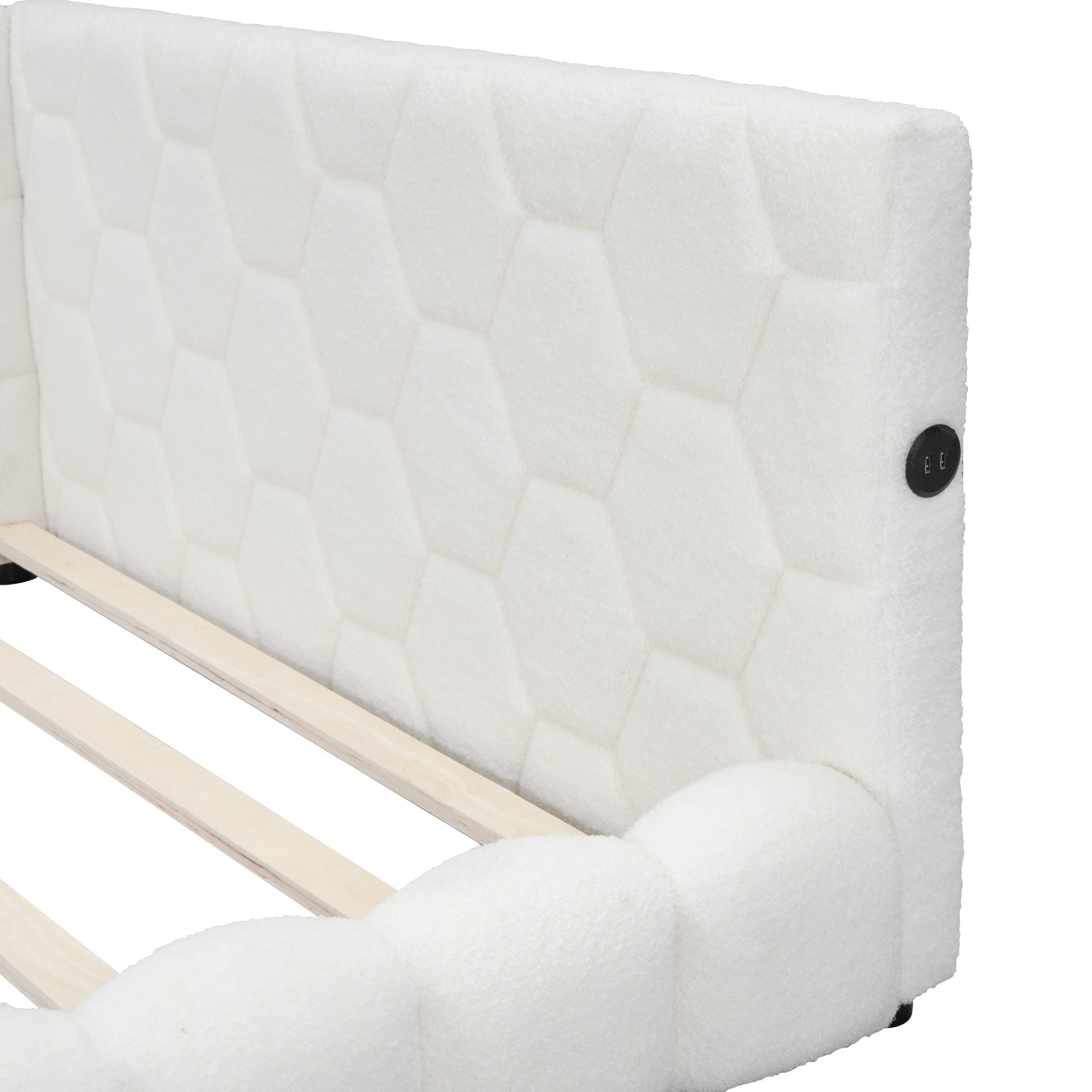 Upholstered Full Size Platform Bed With Usb Ports And Led Belt, White White Teddy