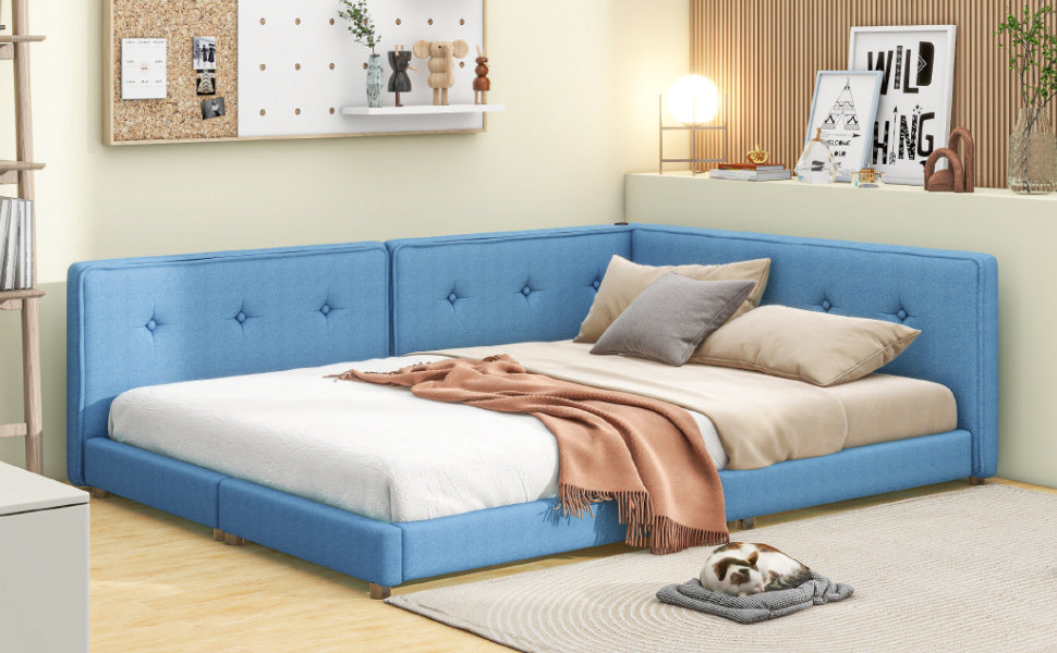Upholstered Full Size Platform Bed With Usb Ports, Blue Blue Linen