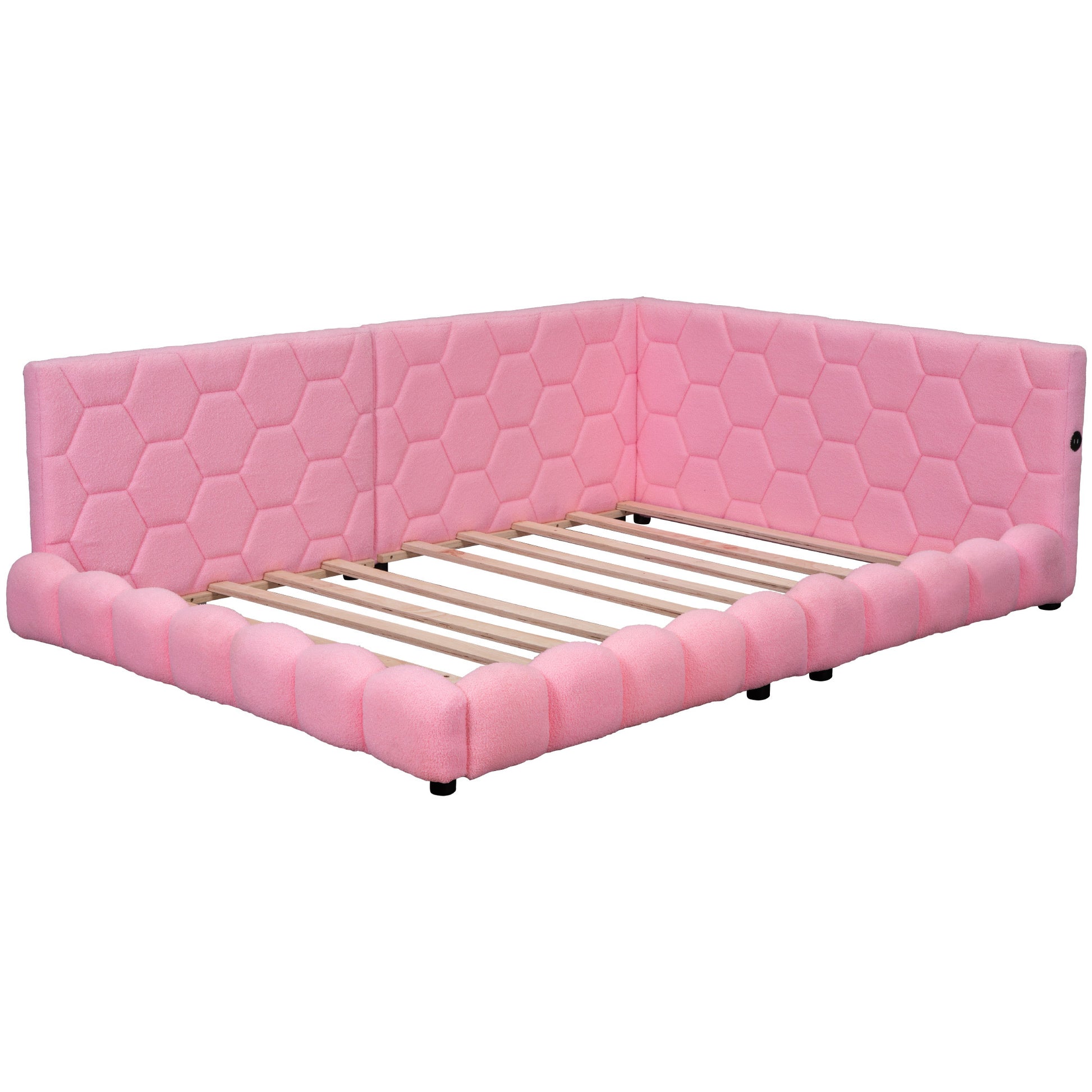 Upholstered Full Size Platform Bed With Usb Ports And Led Belt, Pink Pink Teddy