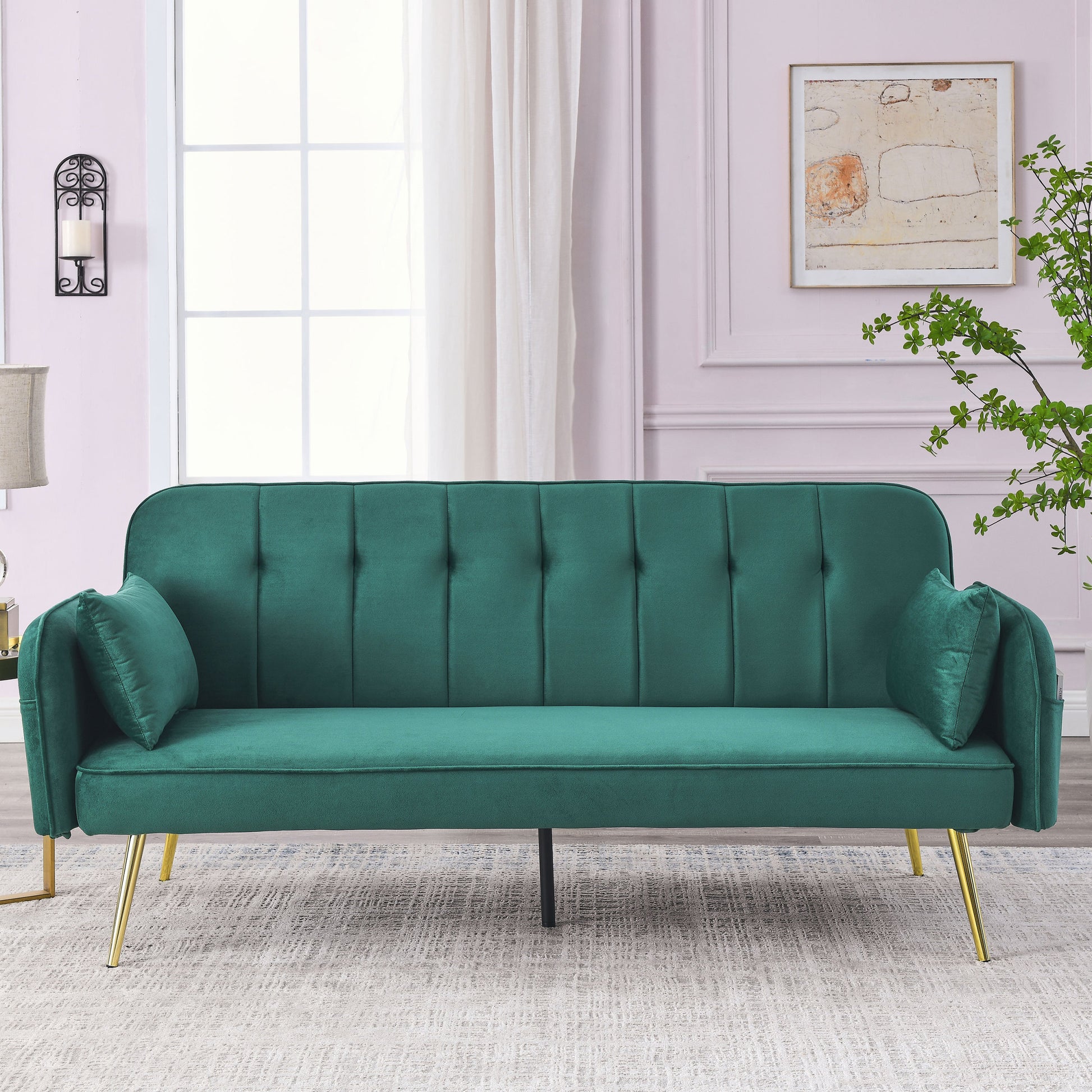 72.5" Convertible Sofa Bed, Adjustable Velvet Sofa Bed Velvet Folding Lounge Recliner Reversible Daybed Ideal For Bedroom With Two Pillows And Center Leg Green Velvet