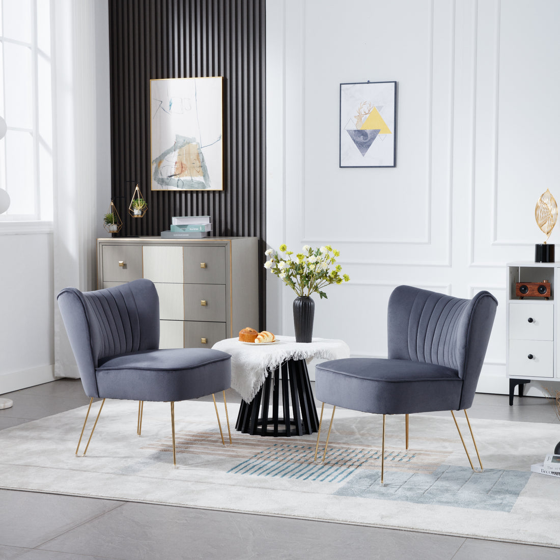 Hengming Modern Velvet Chair, Armless Side Chair, Metal Leg Chair, Suitable For Living Room And Bedroom Set Of 2 Dark Gray Velvet