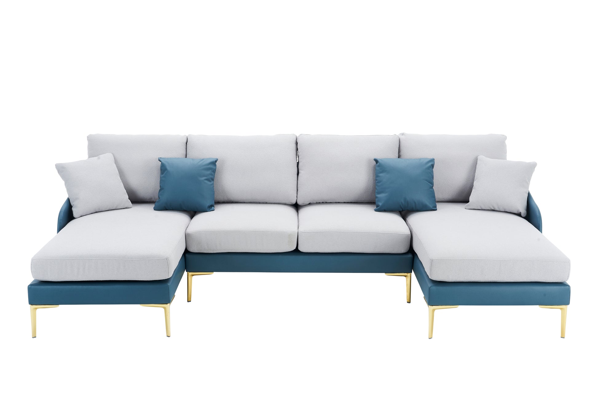 Modern Large Area Linen Leathaire Fabric Color Matching Segmented Sofa, Ultra Wide Lounge Chair, Golden Legs, U Shaped, Blue Light Gray Blue Grey Primary Living Space Wood