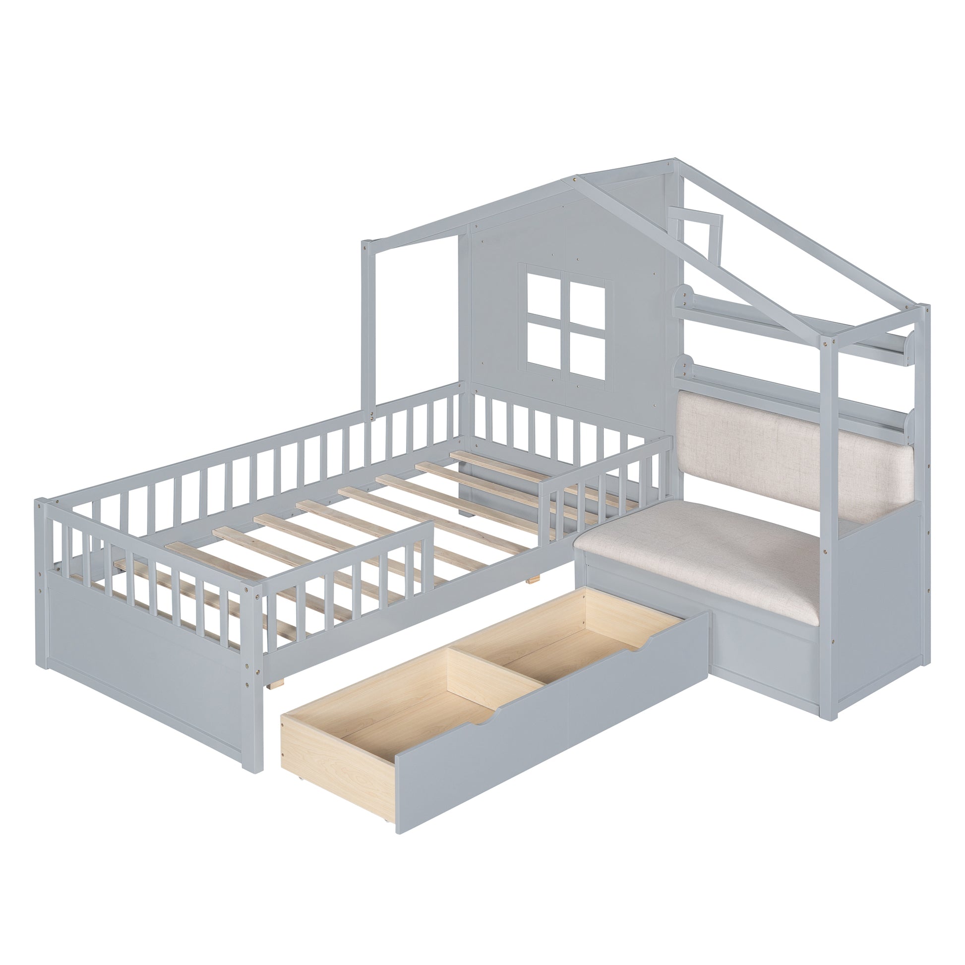 Twin Size House Bed With Sofa, Kids Platform Bed With Two Drawers And Storage Shelf, Gray Gray Wood