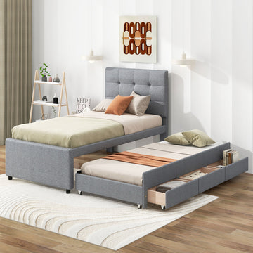 Twin Size Upholstered Platform Bed With Pull Out Twin Size Trundle And 3 Drawers, Gray Twin Gray Upholstered