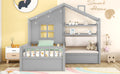 Twin Size House Bed With Sofa, Kids Platform Bed With Two Drawers And Storage Shelf, Gray Gray Wood