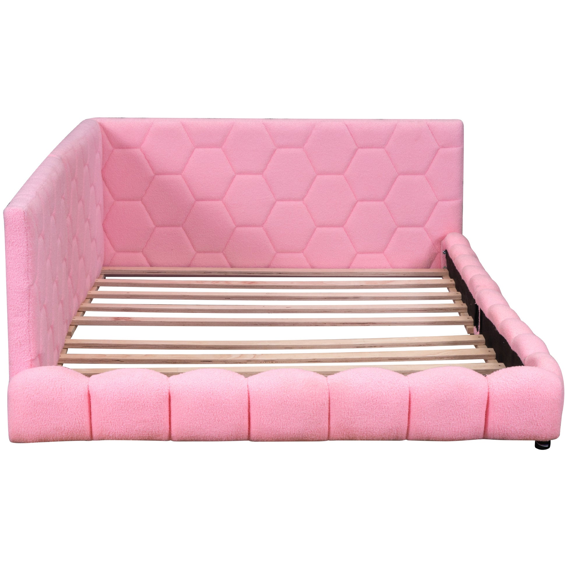 Upholstered Full Size Platform Bed With Usb Ports And Led Belt, Pink Pink Teddy