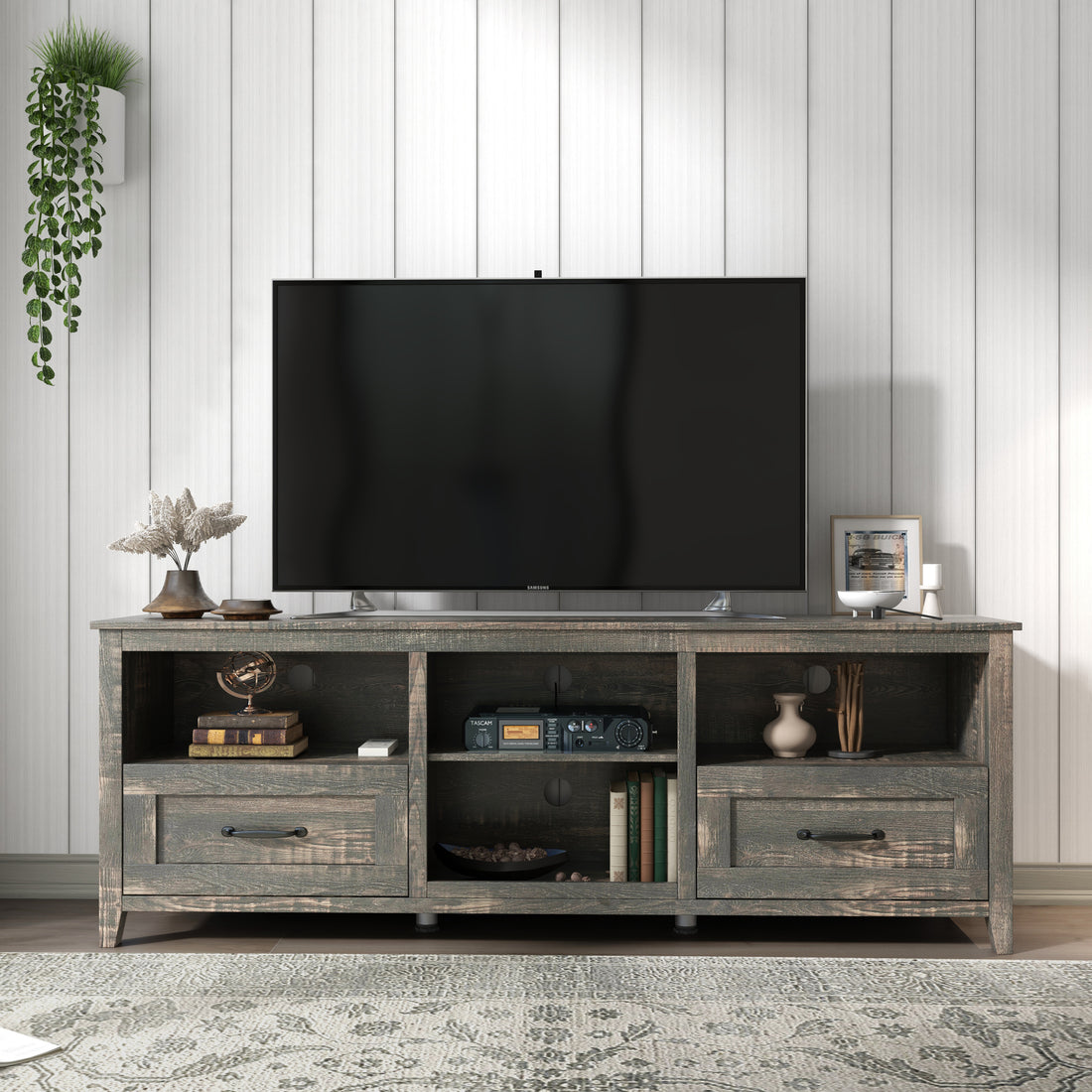 70 Inch Length Tv Stand For Living Room And Bedroom, With 2 Drawers And 4 High Capacity Storage Compartment, Black Pine Old Pine Particle Board