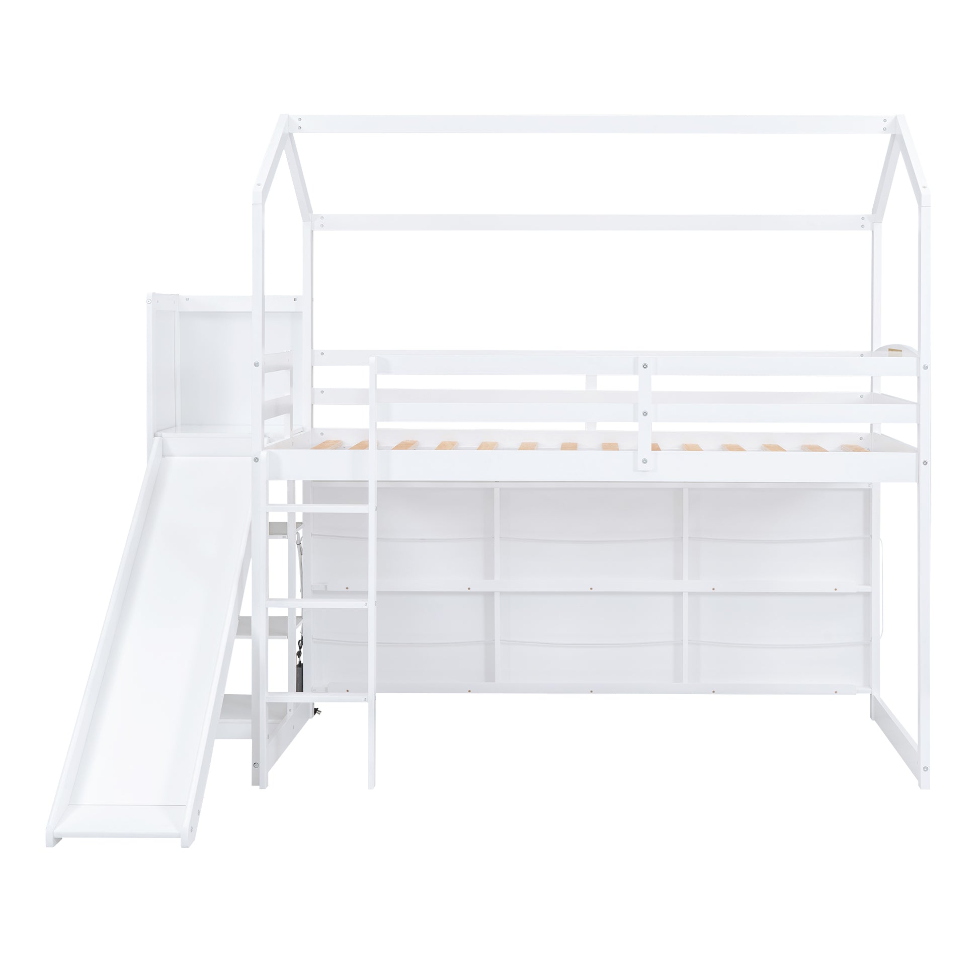 Twin Size Wood House Loft Bed With Slide, Storage Shelves And Light, White Box Spring Not Required White Wood Bedroom Solid Wood Mdf