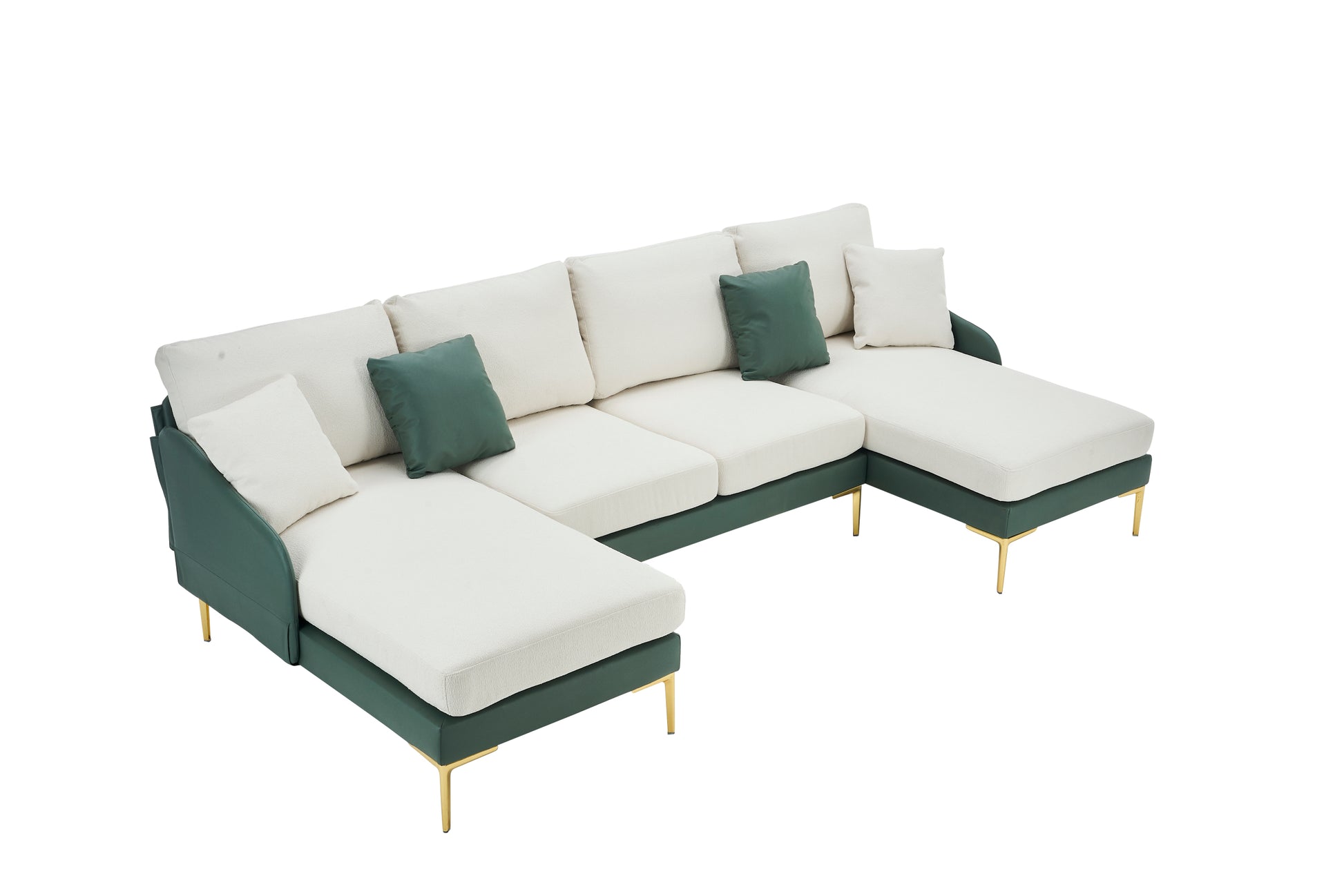 Modern Large Area Linen Leathaire Fabric Color Matching Segmented Sofa, Ultra Wide Lounge Chair, Golden Legs, U Shaped, Cyan White Cyan Primary Living Space Wood