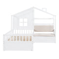 Twin Size House Bed With Sofa, Kids Platform Bed With Two Drawers And Storage Shelf, White White Wood