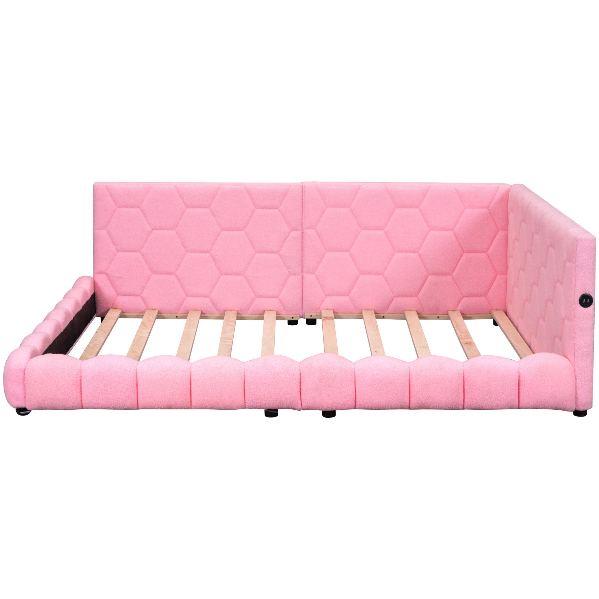 Upholstered Full Size Platform Bed With Usb Ports And Led Belt, Pink Pink Teddy