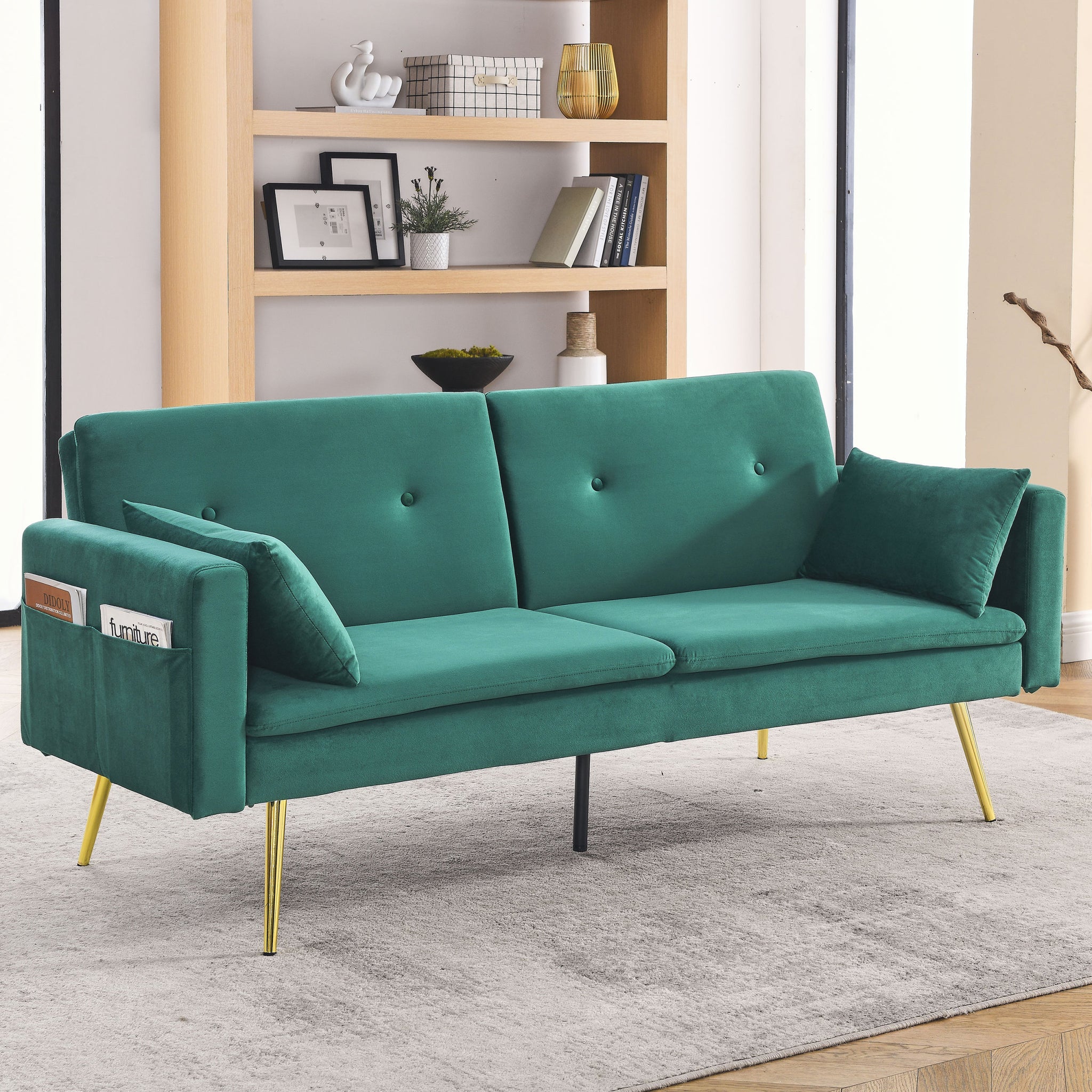 72.5" Convertible Sofa Bed, Adjustable Velvet Sofa Bed Velvet Folding Lounge Recliner Reversible Daybed Ideal For Bedroom With Two Pillows And Center Leg Green Velvet