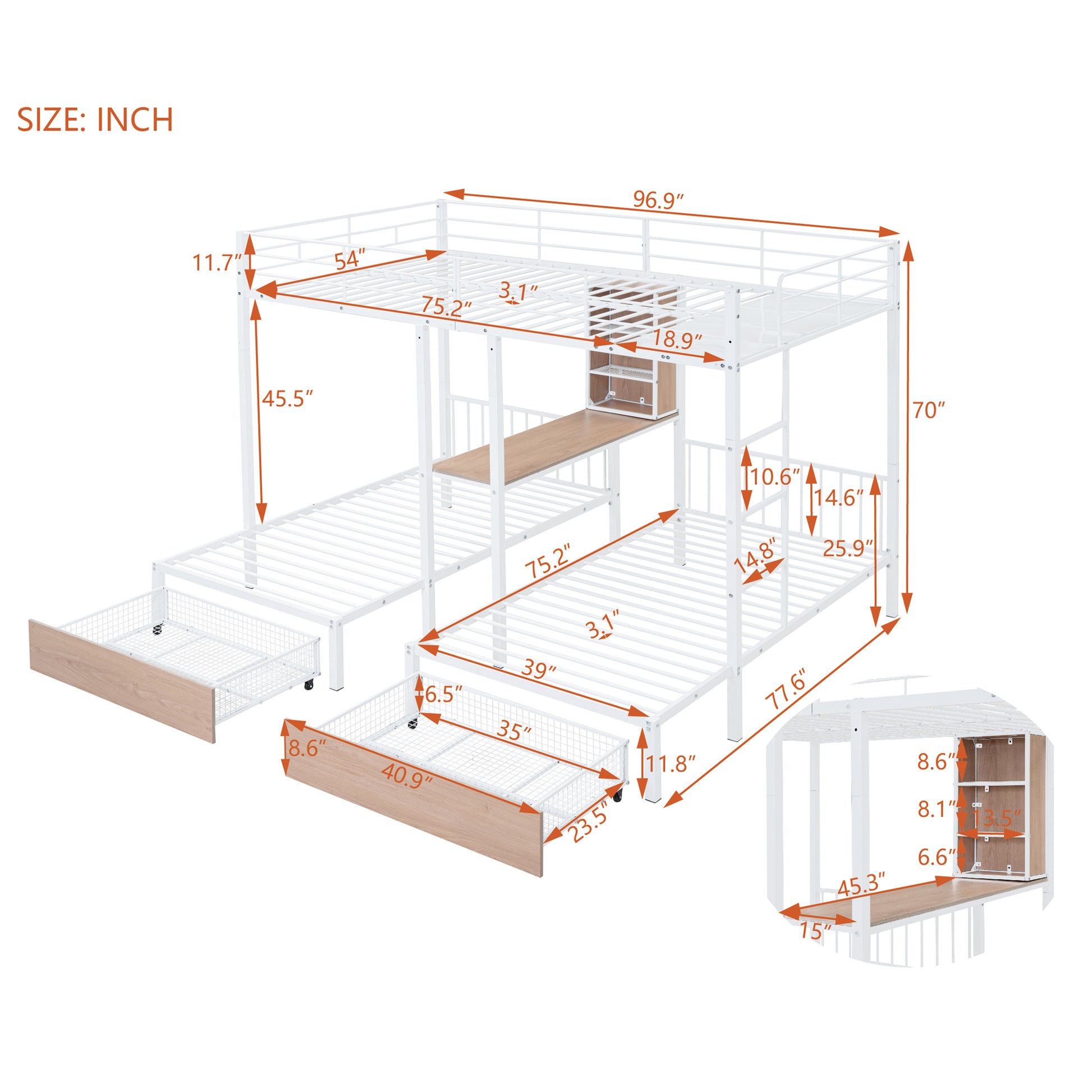 Full Over Twin & Twin Triple Bunk Bed With Drawers, Multi Functional Metal Frame Bed With Desks And Shelves In The Middle, White White Metal