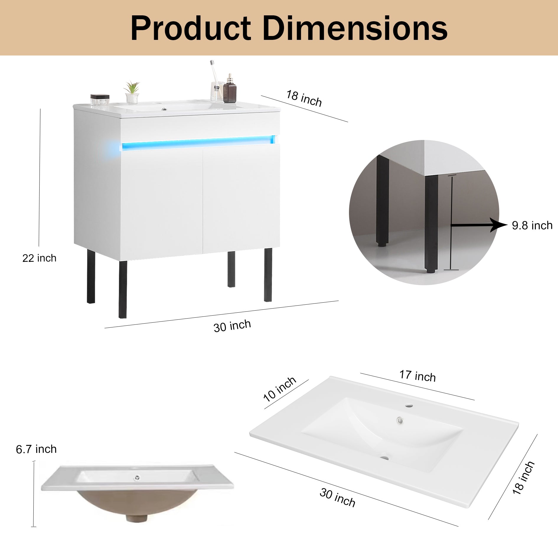 30" Bathroom Vanity With Sink, Radar Sensing Light, Large Storage Space And Metal Legs, Wall Mounted Standing Bathroom Vanity Sink, White White Solid Wood