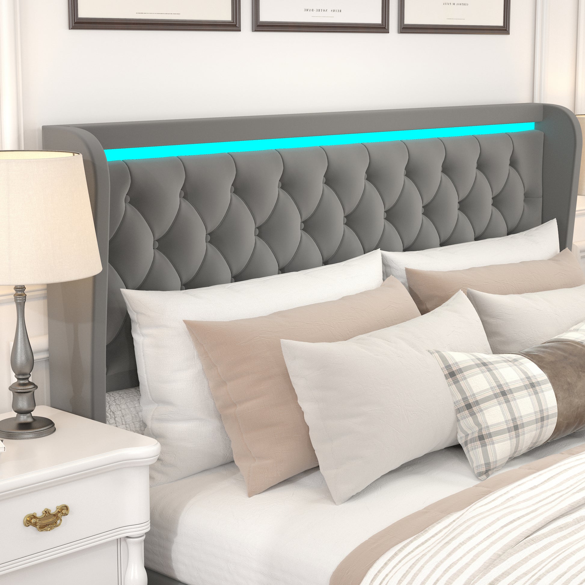 Queen Platform Bed Frame With High Headboard, Velvet Upholstered Bed With Deep Tufted Buttons, Adjustable Colorful Led Light Decorative Headboard, Wide Wingbacks,Grey Queen Grey Velvet