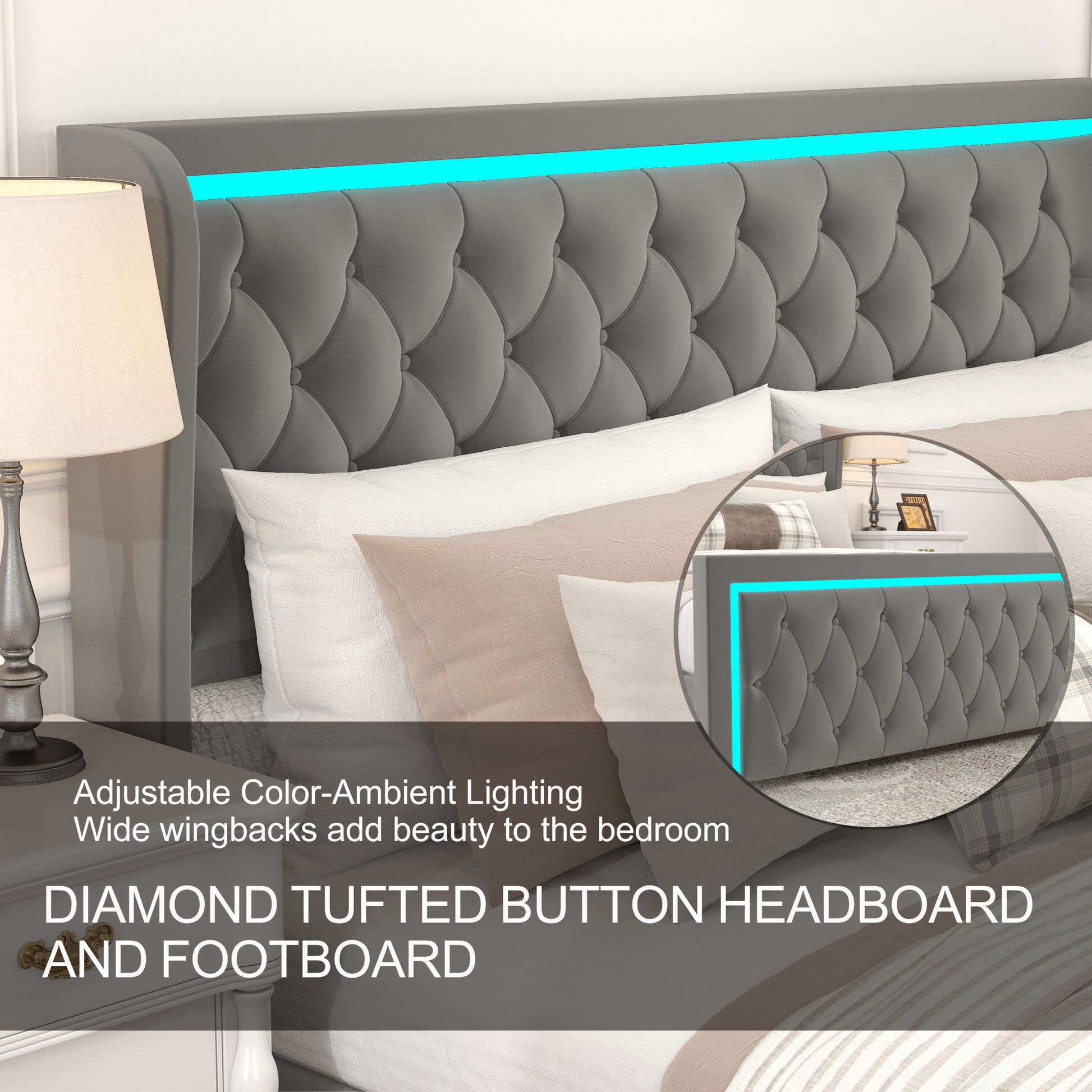 Queen Platform Bed Frame With High Headboard, Velvet Upholstered Bed With Deep Tufted Buttons, Adjustable Colorful Led Light Decorative Headboard, Wide Wingbacks,Grey Queen Grey Velvet