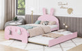 Wood Twin Size Platform Bed With Cartoon Ears Shaped Headboard And Trundle, Pink Box Spring Not Required Twin Pink Wood Bedroom Chenille Solid Wood Mdf