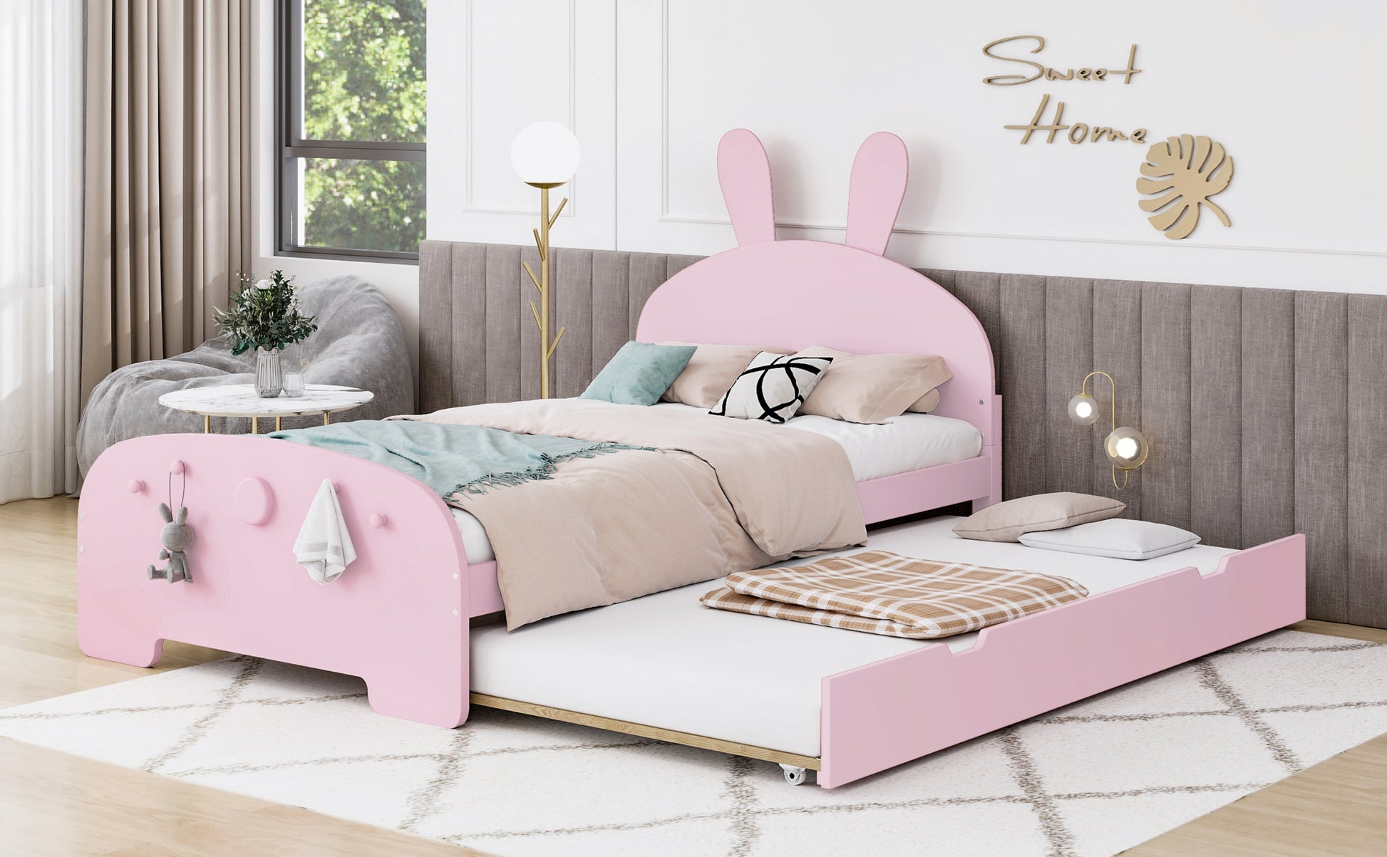 Wood Twin Size Platform Bed With Cartoon Ears Shaped Headboard And Trundle, Pink Box Spring Not Required Twin Pink Wood Bedroom Chenille Solid Wood Mdf