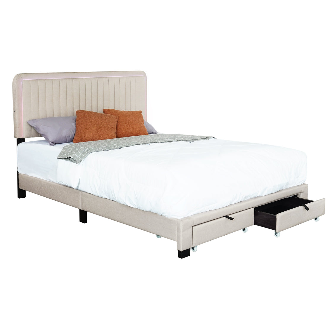 Queen Size Upholstered Bed With Adjustable Height Mattress 10 To 14 Inches Led Design With Footboard Drawers Storage No Box Spring Required Beige Box Spring Not Required Queen Beige Wood Espresso Bedroom American