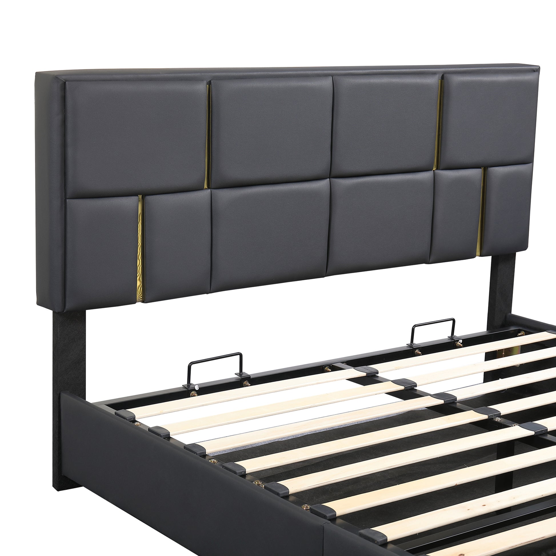 2 Pieces Bedroom Sets,Queen Size Upholstered Platform Bed With Hydraulic Storage System,Storage Ottoman With Metal Legs,Black Black Pu