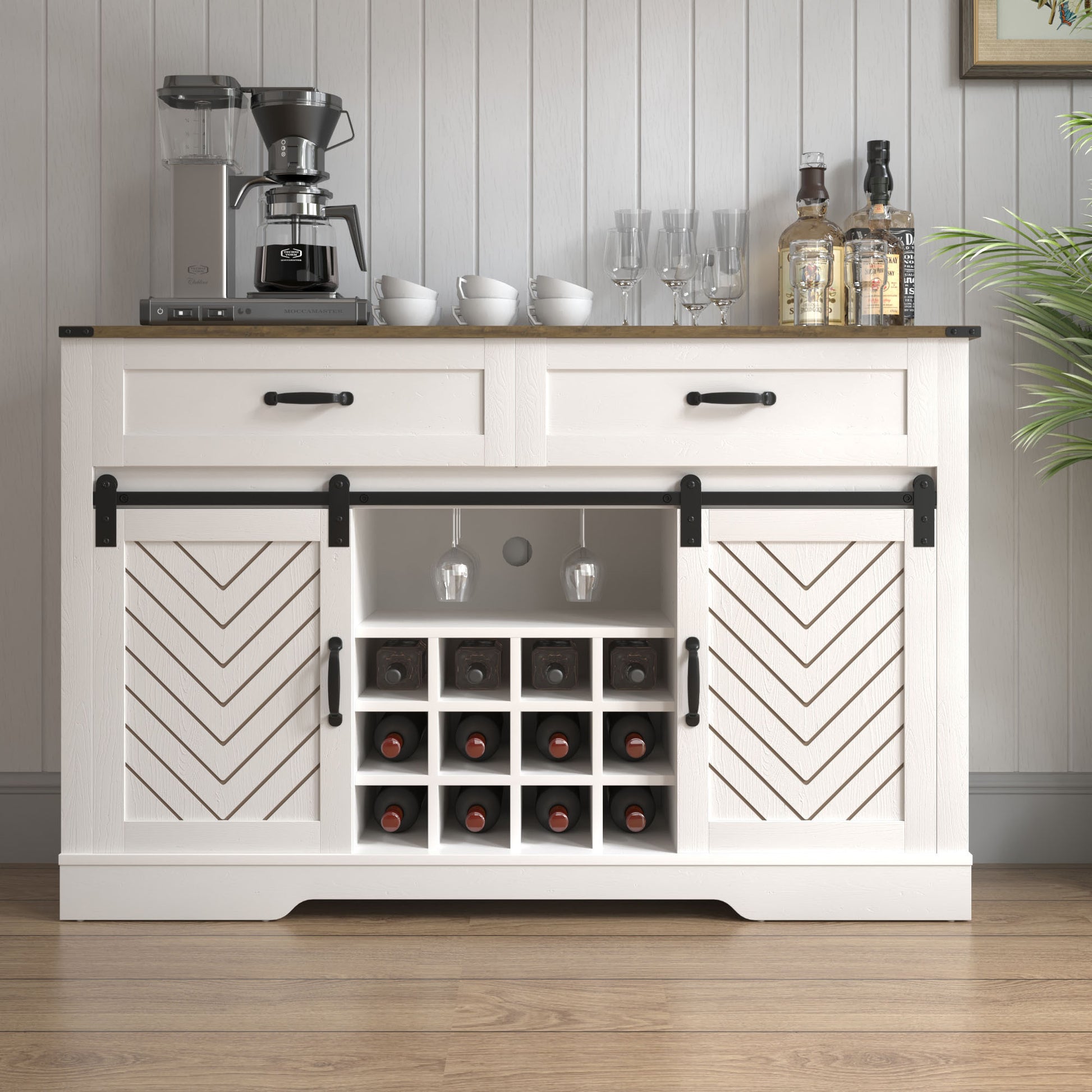 Farmhouse Storage Sideboard Buffet Coffee Bar Cabinet With Sliding Barn Door, 3 Drawers, Wine And Glass Rack White & Oak White Oak Engineered Wood