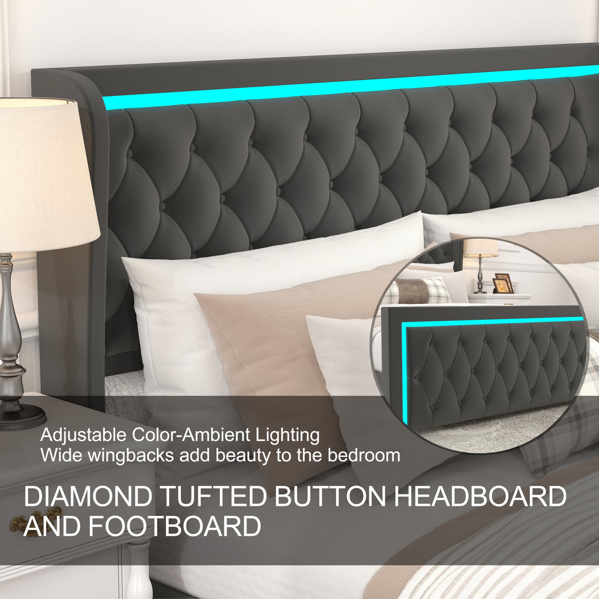 Queen Platform Bed Frame With High Headboard, Velvet Upholstered Bed With Deep Tufted Buttons, Adjustable Colorful Led Light Decorative Headboard, Wide Wingbacks,Black Queen Black Velvet
