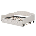 Full Size Upholstered Tufted Daybed With Twin Size Trundle, Beige Box Spring Not Required Full Beige Wood Daybeds Linen Upholstered