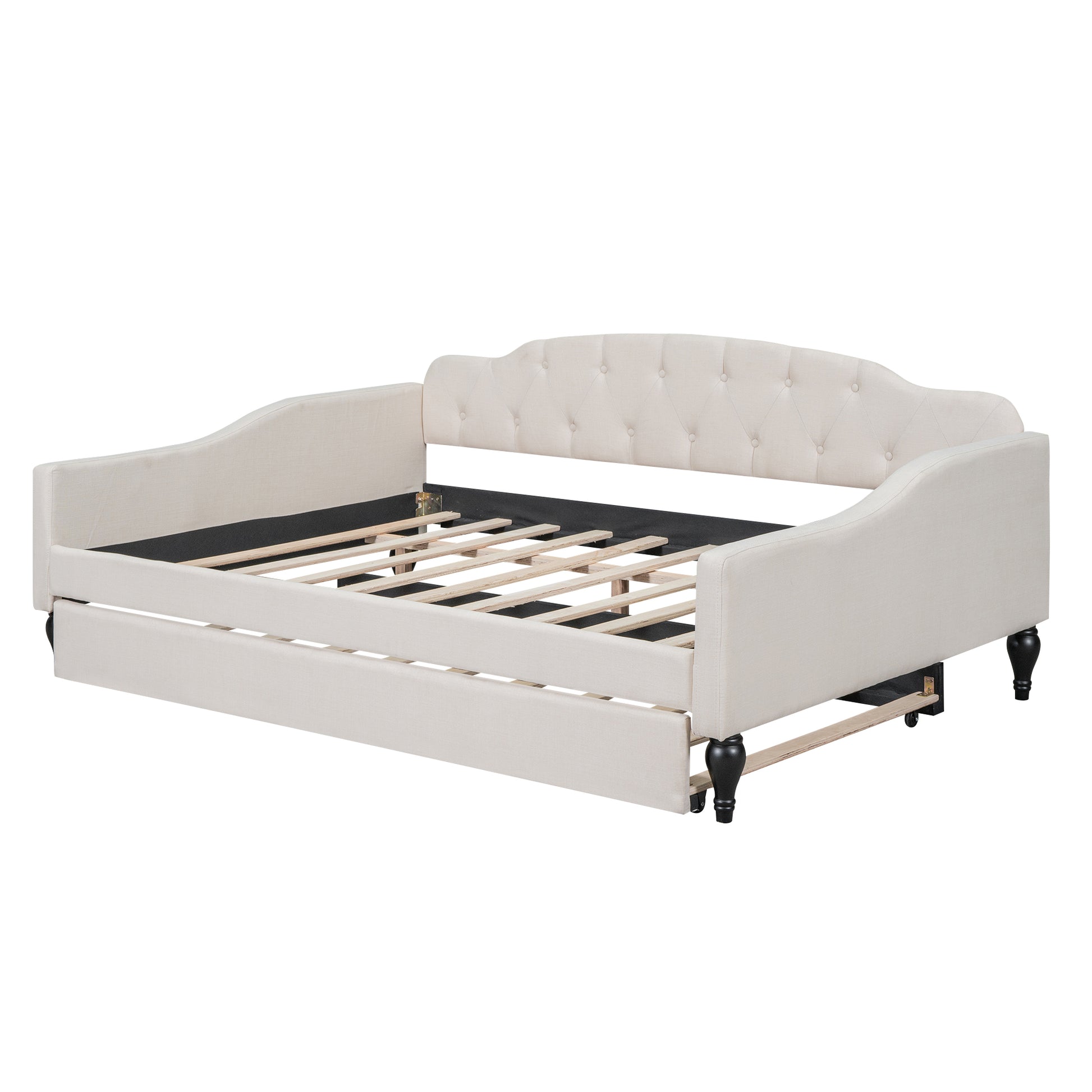 Full Size Upholstered Tufted Daybed With Twin Size Trundle, Beige Box Spring Not Required Full Beige Wood Daybeds Linen Upholstered