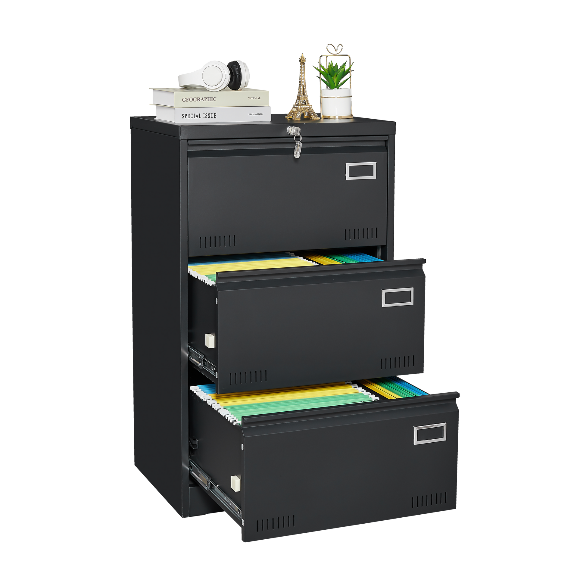 Filing Cabinet Lateral File Cabinet 3 Drawer, Blcak Locking Metal File Cabinets Three Drawer, Office Filing Cabinet With Lock Drawers For Home Office Legal Letter A4 F4 Filing Cabinets 3 4 Drawers Black Office Drawers Included Metal