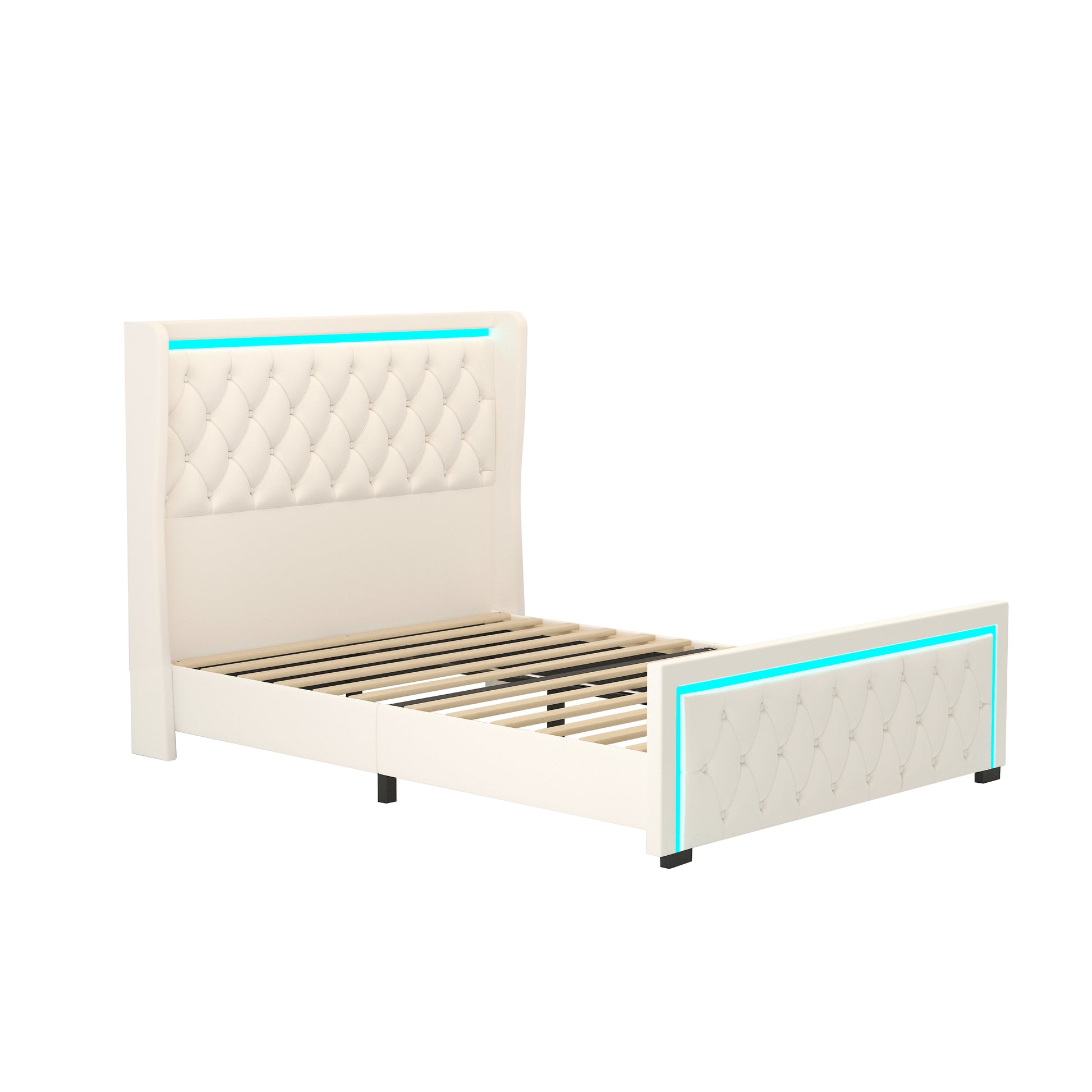 Queen Platform Bed Frame With High Headboard, Velvet Upholstered Bed With Deep Tufted Buttons, Adjustable Colorful Led Light Decorative Headboard, Wide Wingbacks, Beige Queen Beige Velvet