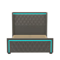 Queen Platform Bed Frame With High Headboard, Velvet Upholstered Bed With Deep Tufted Buttons, Adjustable Colorful Led Light Decorative Headboard, Wide Wingbacks,Grey Queen Grey Velvet