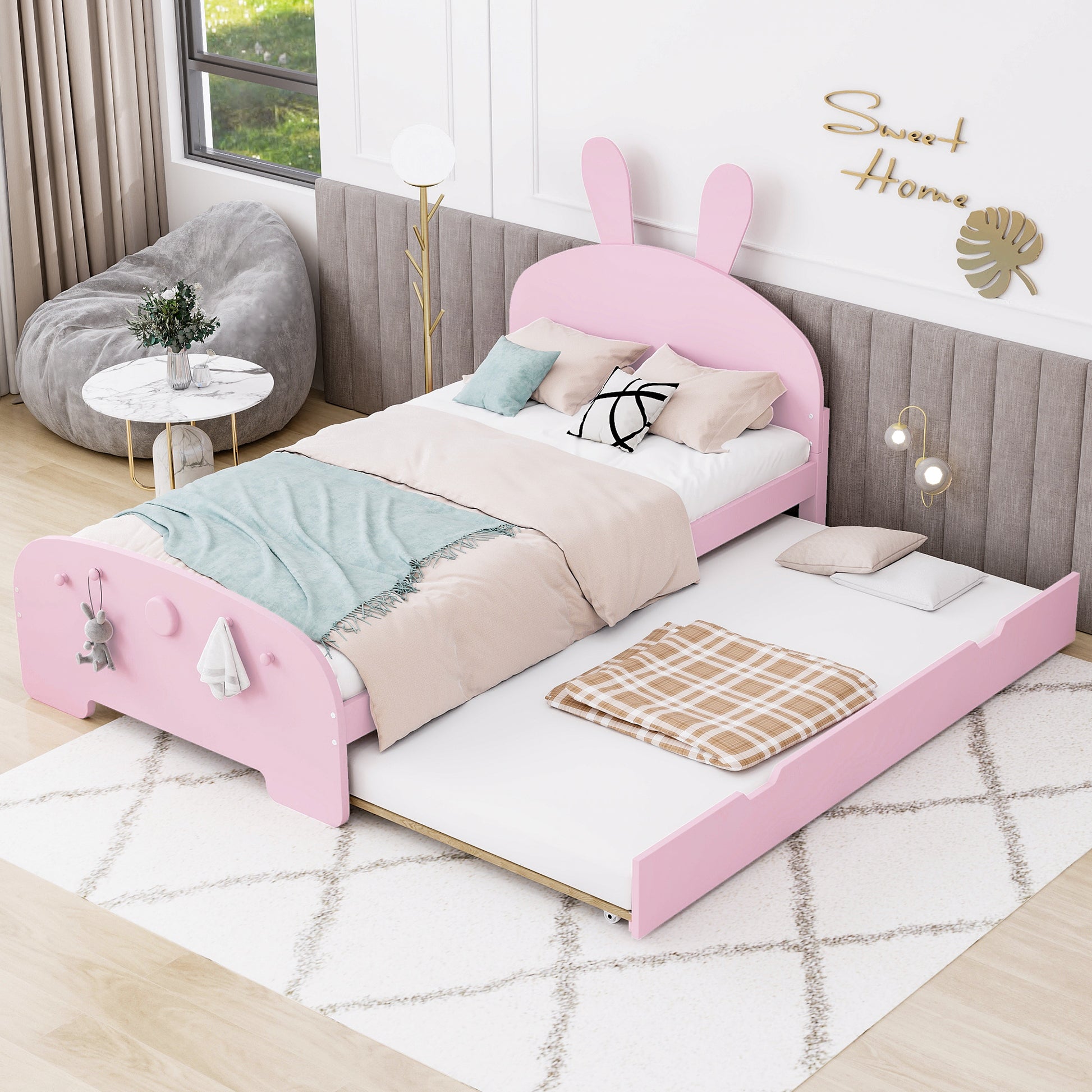 Wood Twin Size Platform Bed With Cartoon Ears Shaped Headboard And Trundle, Pink Box Spring Not Required Twin Pink Wood Bedroom Chenille Solid Wood Mdf