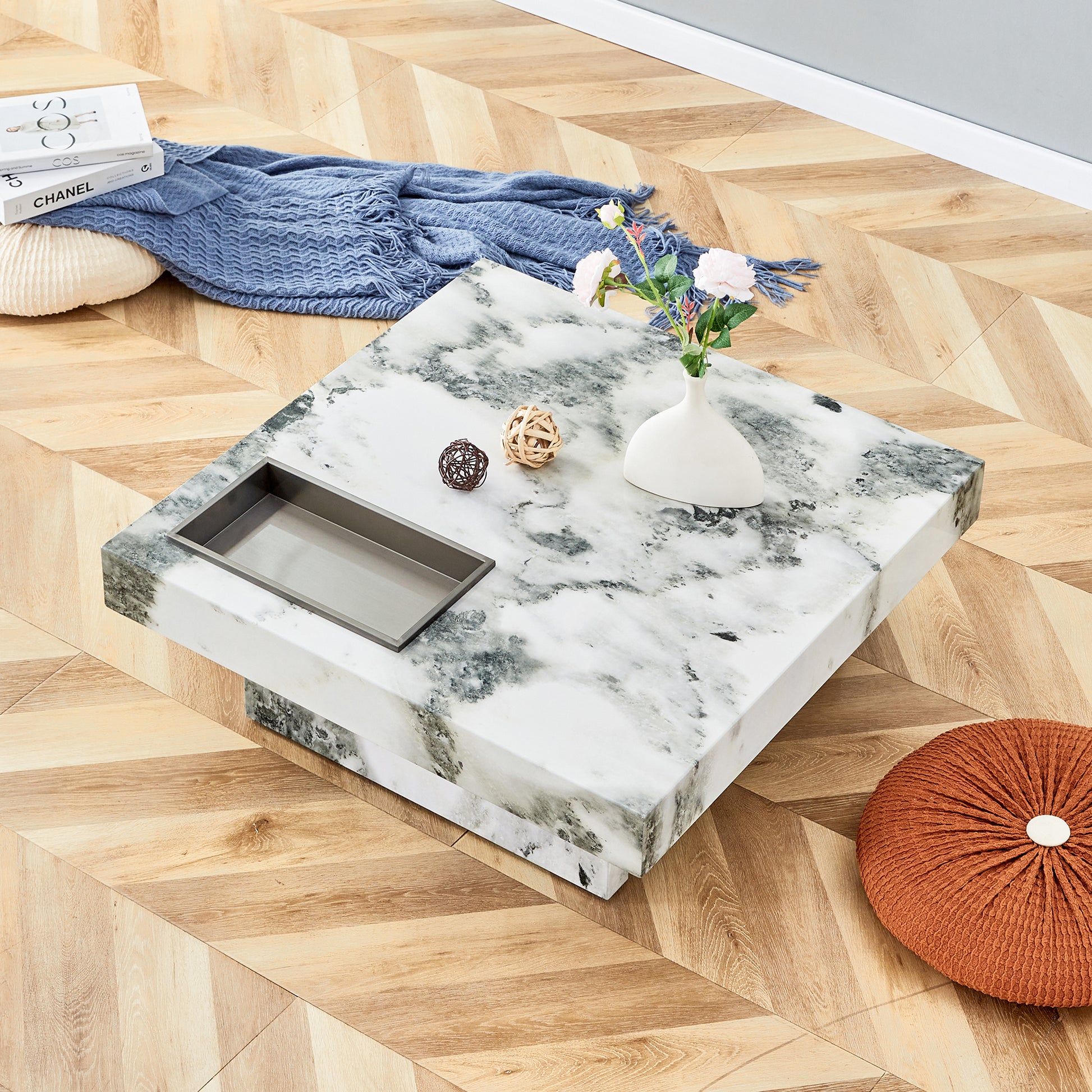 A Modern And Practical Coffee Table, Black And White In Imitation Marble Pattern, Made Of Mdf Material. The Fusion Of Elegance And Natural Fashion 31.4"* 31.4"* 12 " White Mdf