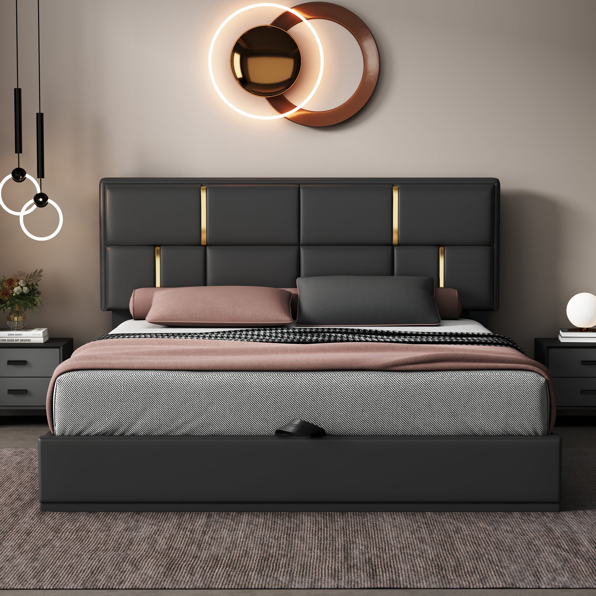 Queen Size Upholstered Platform Bed With Hydraulic Storage System,No Box Spring Needed,Black Black Pu