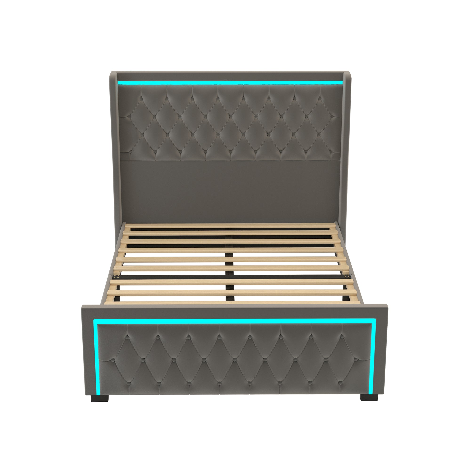 Queen Platform Bed Frame With High Headboard, Velvet Upholstered Bed With Deep Tufted Buttons, Adjustable Colorful Led Light Decorative Headboard, Wide Wingbacks,Grey Queen Grey Velvet