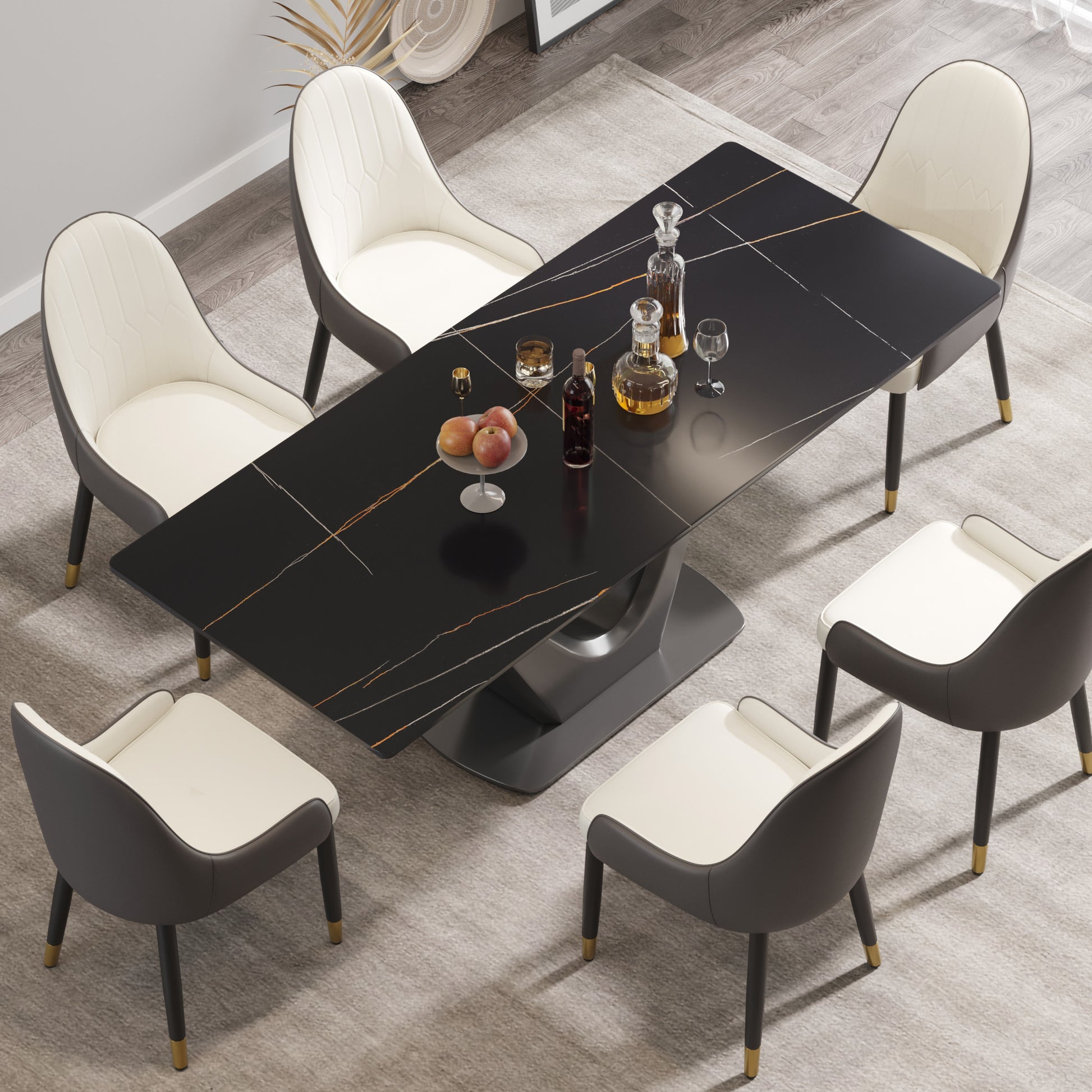 78.74 "Modern Artificial Stone Black Panel Gray V Shaped Metal Legs Can Accommodate 8 People. Black Gray Dining Room Metal Sintered Stone