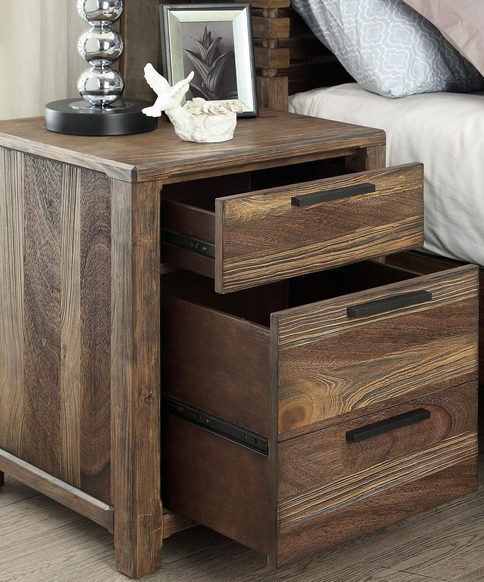 1Pc Nightstand Only Transitional Rustic Natural Tone Solid Wood Felt Lined Drawers Metal Handles Black Bar Pull Bedroom Furniture Rustic Brown 2 Drawers Bedroom Bedside Cabinet Contemporary,Transitional Drawers Natural Solid Wood